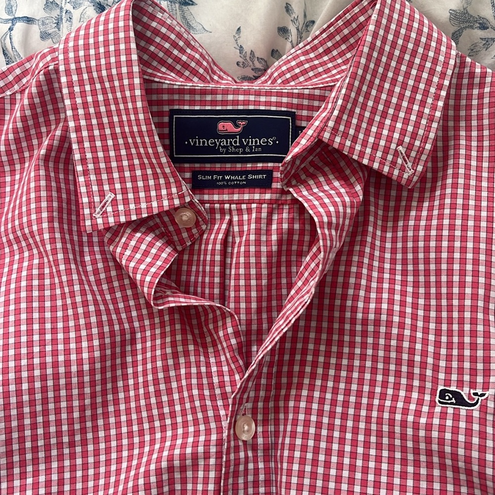 Vineyard Vines Pink Red Gingham Button Down Shirt Slim Fit Whale Shirt